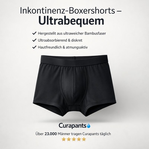 A minimalist, high-contrast ad creative for incontinence boxers featuring benefit-driven copy and social proof to build immediate consumer trust.